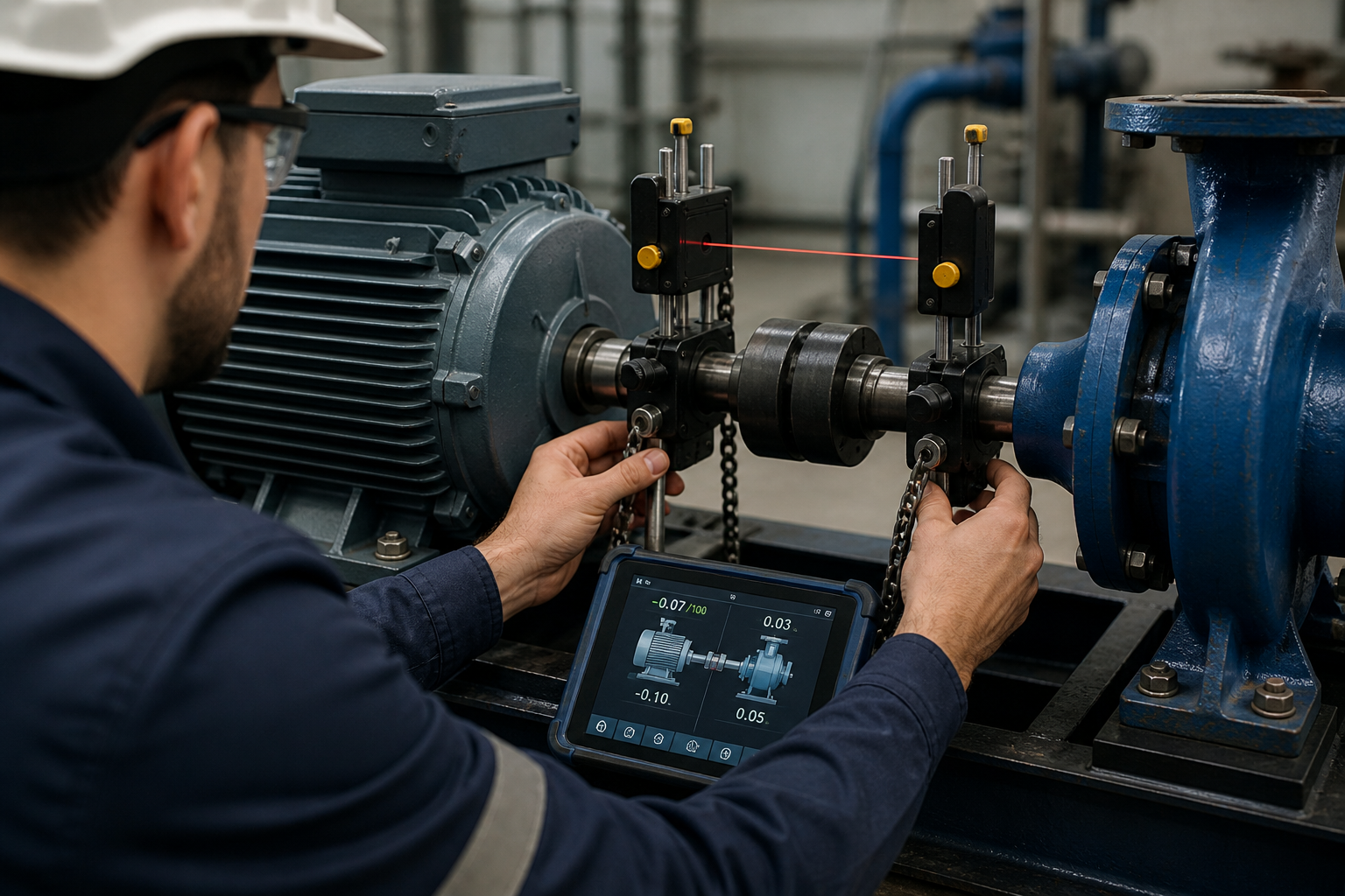 Alineación de ejes con láser en motor industrial y bomba