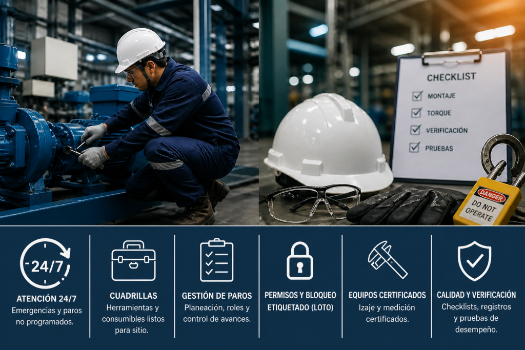 Atención industrial 24/7 con seguridad, bloqueo etiquetado y control de calidad
