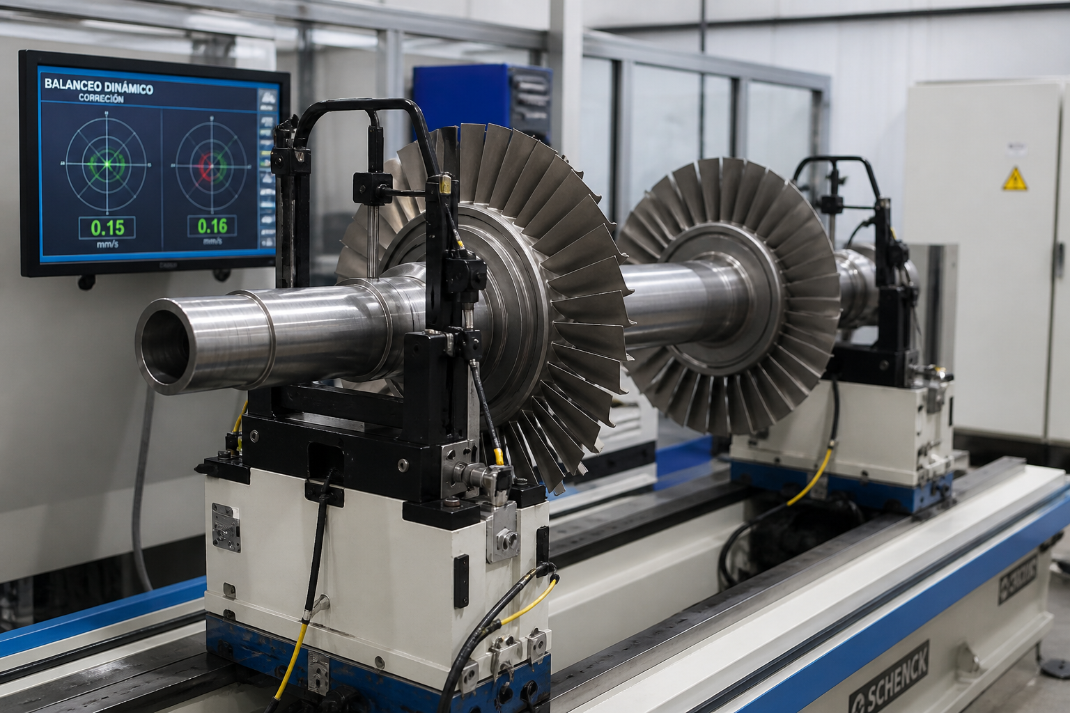 Balanceo dinámico industrial de rotor en máquina balanceadora con medición de vibraciones