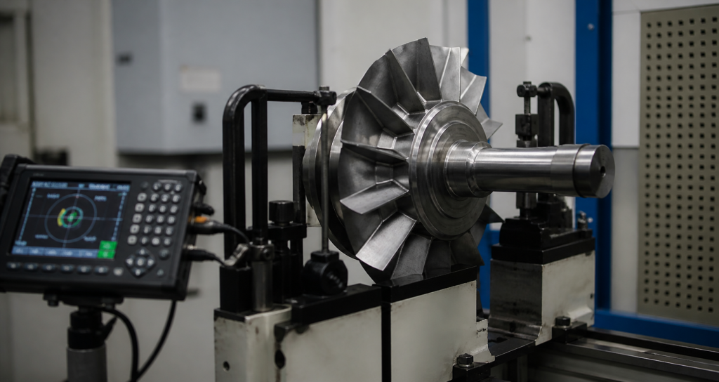 Balanceo dinámico industrial de rotor en máquina balanceadora