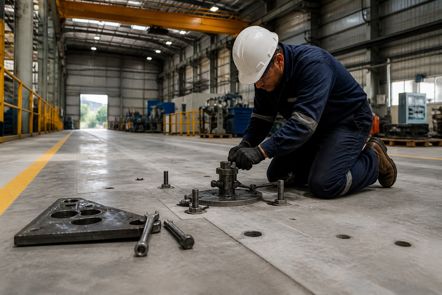 Técnico realizando mecánica de piso industrial en planta