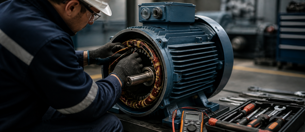 Mantenimiento de motor eléctrico industrial con revisión de bobinado y componentes internos