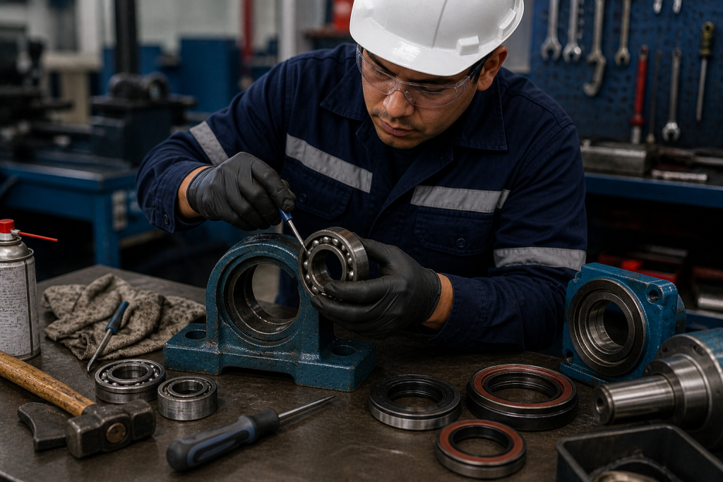 Técnico trabajando en rodamientos y sellos mecánicos industriales