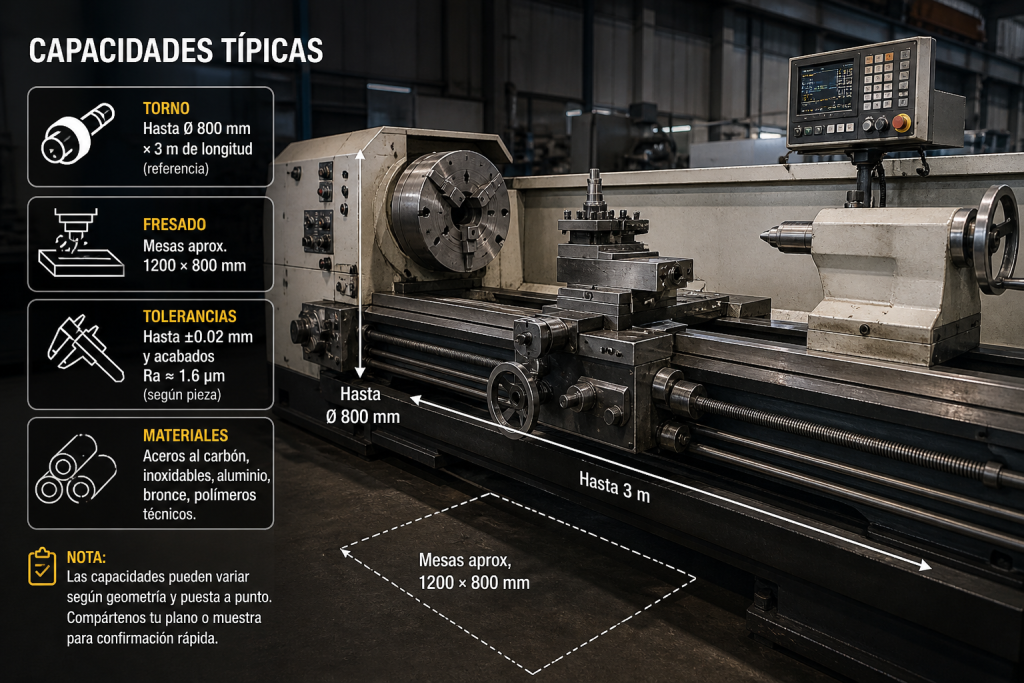 Torno industrial para maquinado de piezas con capacidad hasta 800 mm de diámetro y 3 m de longitud